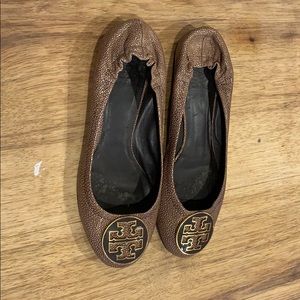 Tory Burch Brown Pebbled Leather Reva Ballet Flats